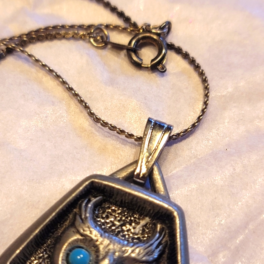 VTG J. Ritter Signed Pewter Owl Necklace With Blue Eyes, Silver Tone 24" - Picture 3 of 6